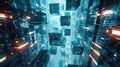Abstract digital floating blocks with orange and blue lights. Future. AIG53.