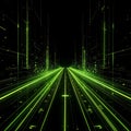 Abstract digital futuristic highway tunnel with green glowing lines and data points Royalty Free Stock Photo
