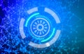 Abstract digital gear circles on a blue background with numerous points and lines of relationship. Technology concept Royalty Free Stock Photo