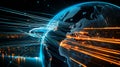 Abstract Digital Globe with Flowing Blue and Orange Data Streams on a Dark Royalty Free Stock Photo