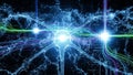 Abstract digital of a glowing blue neuron with interconnected neural network pathways Royalty Free Stock Photo