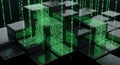 Abstract Digital Binary Code Flowing on 3D Cubes with Green Matrix Effect Royalty Free Stock Photo