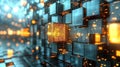 Abstract Digital Graphic Featuring Shiny Cubes and Bright Pulsing Lights in a 3D Environment Royalty Free Stock Photo