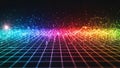 Abstract Digital Grid Landscape with Rainbow Colored Particles and Light Trails background Royalty Free Stock Photo
