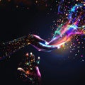 Abstract digital hands exchanging glowing energy streams and colorful particles on dark backdrop Royalty Free Stock Photo