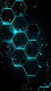Abstract Digital Hexagon Network Background with Glowing Teal Lines and Sparkling Particles on Black Royalty Free Stock Photo