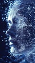 Abstract digital human face profile conceptualizing artificial intelligence, futuristic cyborg head with glowing data particles, Royalty Free Stock Photo