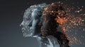 Abstract Digital Human Head Dissolving into Particles and Light Trails on Gray Background Royalty Free Stock Photo