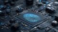 Abstract digital identity verification process technology with fingerprint scan on cpu computer chip motherboard background Royalty Free Stock Photo