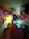 Abstract digital illustration of an array of cube shapes, colorful lights, and shadows on a dark background