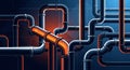 Abstract digital illustration of colorful pipes in grid pattern with vibrant orange focal point on dark gradient background Royalty Free Stock Photo