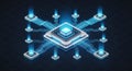 Abstract digital illustration of a futuristic computer processor with blue light and network connections on a dark blue background Royalty Free Stock Photo