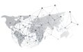 Abstract digital illustration featuring a geometric wireframe globe and world map with interconnected polygonal nodes and network Royalty Free Stock Photo