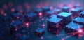 Abstract digital illustration featuring glowing cubes. 3d rendered image displays interconnected blocks with network lines. This Royalty Free Stock Photo