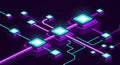 Abstract futuristic network of glowing interconnected squares in purple blue and green on black background Royalty Free Stock Photo