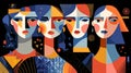 Abstract digital illustration of four stylized human figures with geometric features, vibrant colors, and bold patterns Royalty Free Stock Photo