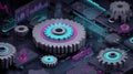 Abstract Digital Illustration of Mechanical Gears and Cogs with Neon Cyan and Pink Data Visualizations on a Dark High Tech Circuit Royalty Free Stock Photo