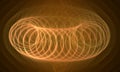 Abstract digital illustration of neon golden glowing spring, spiral in shape of 3d donut which levitates in hazy space of steam.