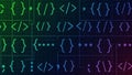 Abstract digital illustration of programming code symbols in vibrant neon grid layout Royalty Free Stock Photo