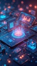 Abstract digital illustration represents web design concept with code, devices, graphical tools. Coding elements, user-friendly