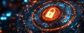 Abstract digital image shows glowing padlock icon. Data encryption concept. Secure access to personal info. Illustrates online