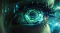 Abstract digital information background, person eye watching cyber data in green blue lighting. Concept of ai, technology of cyber Royalty Free Stock Photo
