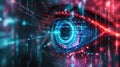 Abstract digital information background, person eye watching cyber data in red and blue lighting. Concept of ai, technology of Royalty Free Stock Photo