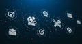 Abstract digital interface featuring interconnected icons on a dark background. Icons