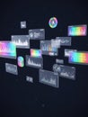 Abstract digital interface with glowing data charts and graphs on a dark background analytics technology Royalty Free Stock Photo