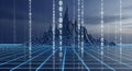 Abstract Digital Landscape with Binary Code Rain Over Wireframe Mountain and Grid Royalty Free Stock Photo