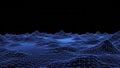 Abstract digital landscape with blue glowing wireframe mesh on a dark background representing data visualization and technology Royalty Free Stock Photo