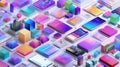 Abstract digital landscape with colorful 3D blocks, charts, and mobile interfaces, illustrating technology and data visualization Royalty Free Stock Photo
