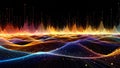 Abstract digital landscape of colorful data waves and glowing particles against black background. Royalty Free Stock Photo