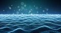 Abstract Digital Landscape of Blue Wavy Particles and Bokeh Lights background technology Royalty Free Stock Photo