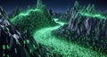 Abstract Digital Landscape with Green Binary Code Mountains and River Royalty Free Stock Photo