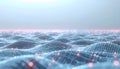 Futuristic Digital Landscape of Wavy Grid and Interconnected Glowing Nodes Symbolizing Data, AI, and Global Network Technology Royalty Free Stock Photo