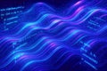 Abstract digital landscape of flowing blue and pink neon lines with embedded lines of code, representing data streams Royalty Free Stock Photo