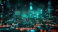 Abstract Digital Cityscape with Glowing Data Streams and Complex Code Display Royalty Free Stock Photo