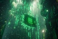 Abstract digital landscape with glowing green circuits and a central processor, futuristic technology concept Royalty Free Stock Photo