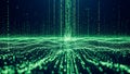 Abstract digital landscape of glowing green particles forming waves and streams with falling binary code representing Royalty Free Stock Photo