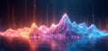 Abstract digital landscape with glowing peaks reflects on dark surface. Neon colored data waves show info tech science concept. Royalty Free Stock Photo