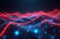 Abstract digital landscape with glowing red and blue particle networks representing data flow and connectivity. Futuristic Royalty Free Stock Photo