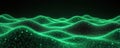 Abstract digital landscape with green glowing waves formed by dots and lines. Surface ripples with light particles creating Royalty Free Stock Photo