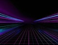 Abstract Digital Landscape With Purple Blue Neon Grids and Glowing Particles Royalty Free Stock Photo