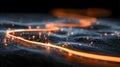 Abstract digital landscape showcasing glowing orange light trails and intricate network patterns on a dark background, evoking Royalty Free Stock Photo