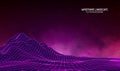 Abstract digital landscape with stars on horizon. Wireframe landscape background. Big Data. 80s Retro Sci-Fi Background