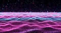 Abstract Digital Landscape of Wavy Pink and Blue Particles with Floating Lights in a Dark Space background Royalty Free Stock Photo