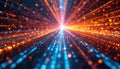 Abstract digital light paths illuminate with bright orange, blue particles. High speed data flow occurs in modern tech network Royalty Free Stock Photo