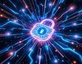 Abstract Digital Lock Icon with Binary Code and Neon Lighting