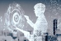Abstract digital man silholuette with hud screen or button on blurry polygonal backdrop with various details. Artificial Royalty Free Stock Photo